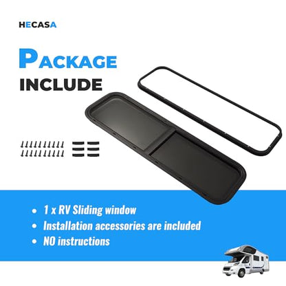 HECASA Universal 42" W X 12" H RV Window Horizontal Slide W/Trim Ring and Net Screen Side Window Tinted Tempered Glass Fit for Teardrop Cargo Trailer, Camper, Van, Truck - size: 42" W x 12" H