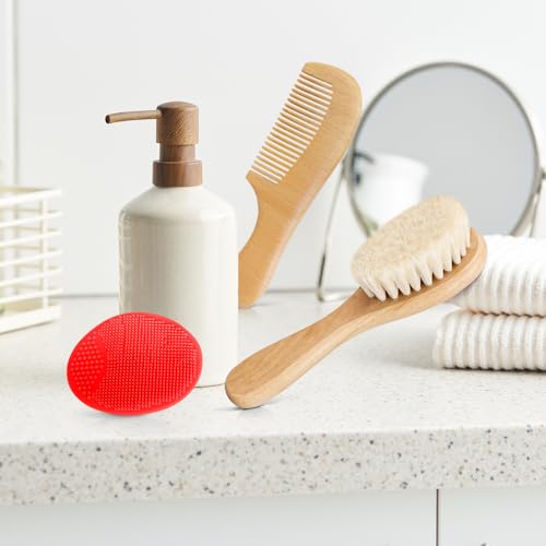 Baby Hair Brush and Comb Set for Newborns & Toddlers | Wooden Baby Brush Set with Soft Goat Bristles l Wood Comb l Red Cradle Cap Brush| Ideal for Cradle Cap (3 Piece) - color: 3pcs(red Cradle Cap Brush+hair Brush+wood Comb)
