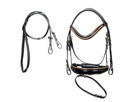 Rose Gold Crystal Horse Bridle – Premium Leather English Bridle with Padded Noseband & Browband, Elegant Rose Gold Hardware, Adjustable Horse Tack for Training, Dressage & Show Riding - size: Medium/Cob