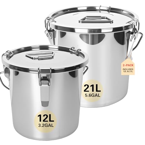 21L/5.6GAL and 12L/3.2GAL Stainless Steel Airtight Canister, Food Storage Canisters with Lid&Locking Clamp for Rice Flour Sugar Grain Coffee Bean Storage Containers (12L & 21L,2 CANISTERS)