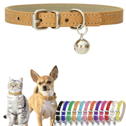 Dog Collars for Small Dogs, PU Leather Puppy Collar with Bells Khaki, XS - color: Khaki, size: XS (8-10.5 inches)