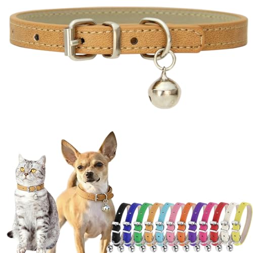 Dog Collars for Small Dogs, PU Leather Puppy Collar with Bells Khaki, XS - color: Khaki, size: XS (8-10.5 inches)