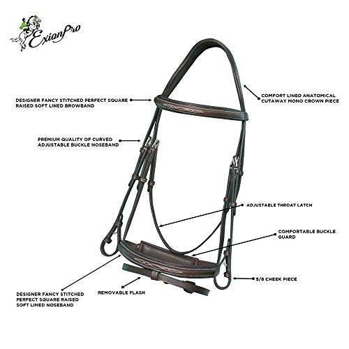 Exion Horse Snaffle Jumping Bridle with Removable Flash & Rubber Reins | Anatomical MonoCrown, Padded Noseband, Fancy Stitched Browband | English Bridle - color: Havana (Choco Brown), size: Cob (Medium Size)