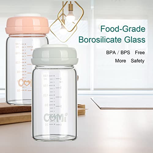 COMI Wide Neck Glass Breastmilk Collection n Storage Bottle, 6oz with Screw Ring Sealing Disk; Re-markable Sealing Disc. BPA Free, Fits Breast Pumps & Nipples (2 Pack Gray Lids) - style: 180ml 2GRAY