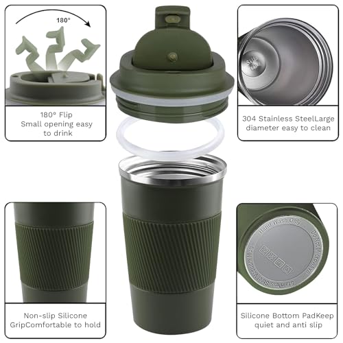 Insulated Travel Coffee Mug, Stainless Steel Coffee Cup with Leakproof Lid - color: Green, size: 12 Ounces