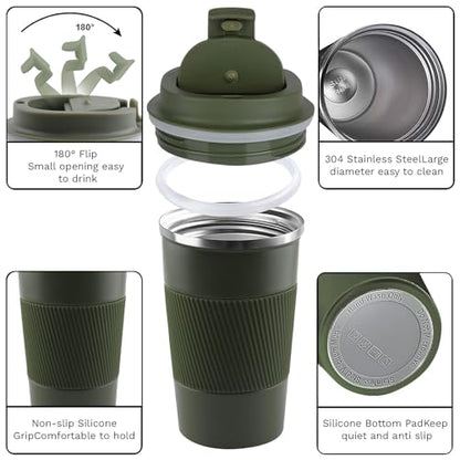 Insulated Travel Coffee Mug, Stainless Steel Coffee Cup with Leakproof Lid - color: Green, size: 12 Ounces