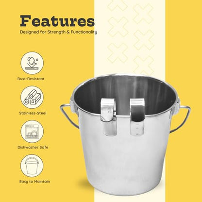 Stainless Steel Flat Side Bucket with Dual Hooks 2 Quart (0.5Gallon)– Heavy Duty Hanging Dog Water & Food Bowl Kennel, Cage & Crate, Durable Pet Pail for Dogs, Cats, Birds & Small Animals - size: 2 Quart