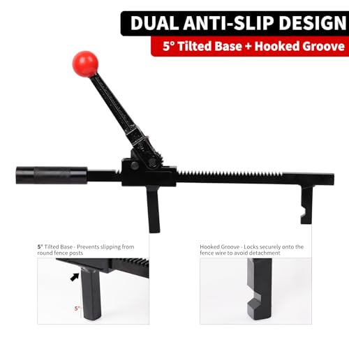 Chain Link Fence Stretcher Tool, Ratcheting Wire Fence Tightener & Puller for Woven Wire Fence, 3″–12″ Tension Range, 5° Tilted Base & Hooked Groove, One-Hand Operation for Farm & Yard