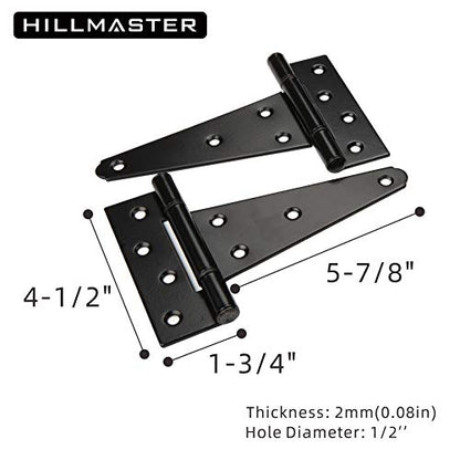 HILLMASTER Heavy Duty Gate Latch Door Handle Hardware Kit for Wooden Fence, Self-Closing Gate Latch with Pull String, Decorative Metal Gate Pull Handle, 2 Pack 6in T-Strap Gate Hinges, Black Finish