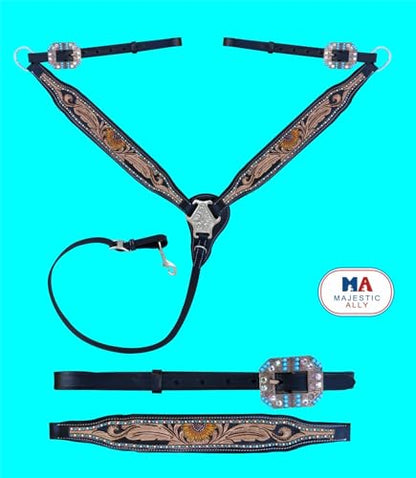 Majestic Ally Hand-Tooled Designer Padded Leather Horse Browband Headstall Breastcollar Set, Browband Headstall, Breastcollar (Breastcollar)