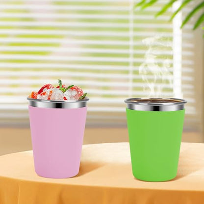 Stainless Steel Kids Cups with Lids, 5 Pack 12oz Spill Proof Cups - color: Orange, Green, Light Blue, Pink, Yellow