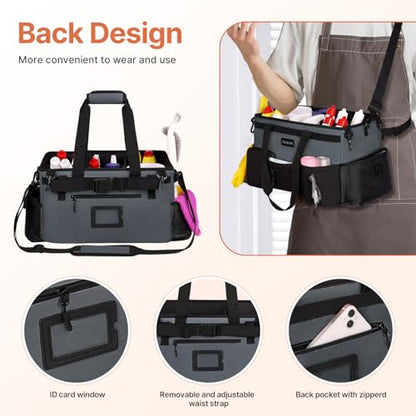 JKAOO Large Wearable Cleaning Caddy Bag with Handles, Gray | Adjustable Shoulder & Waist Straps, Removable, Waterproof Tote for Cleaning Supplies, Home, Car, Office - color: Gray