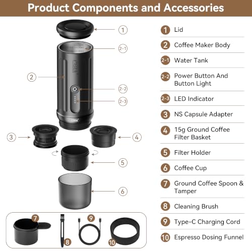 CERA+ PCM03S Portable Espresso Machine, 13500mAh Self-Heating Coffee Maker | 20 Bar Electric Espresso Maker with Up to 8 Cups per Charge, Compatible with NS Pods & Grounds for Travel, RV & Daily Coffee - color: Black