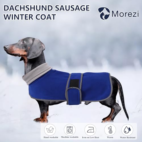 Dachshund Coats Sausage Dog Fleece Coat in Winter Miniature Dachshund Clothes with Hook and Loop Closure and high vis Reflective Trim Safety - Blue - M - color: Blue, size: Medium(Back: 17"-18"in)