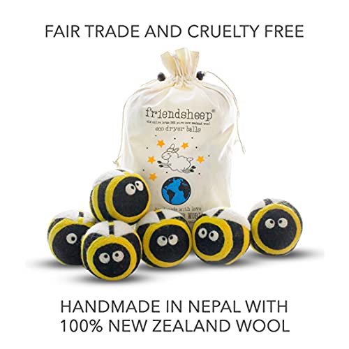 Friendsheep Wool Dryer Balls, Organic Reusable Fabric Softener Alternative for Laundry, Handmade, Fair Trade, Hypoallergenic, Eco-Friendly, Plastic-Free (6 Pack XL – Busy Bees) | Reusable fabric softener alternative Organic wool, handmade, fair trade, hyp