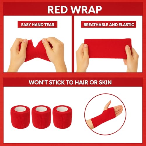 2" Cohesive Flexible Bandage Wrap – Red - Pack of 4 | Self-Adherent Vet Tape for Animal Wrapping, Support & Protection – Non-Slip, Breathable, Flexible Bandage for Livestock - color: Red