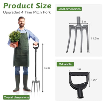 Gardening Pitchfork, 4-Tine Garden Fork 47” Heavy Duty Digging Manure Forks for Mulch Spreading Loosening Hay Potato Digging Composting Transplanting Aeration Farm Garden