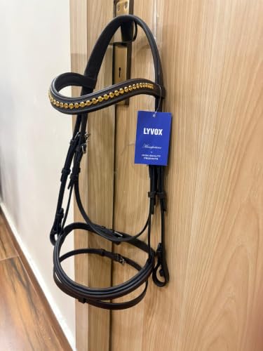 Horse Jumping Leather Bridle with Web Reins | Premium Genuine Leather English Bridle | Padded Browband & Noseband | Stainless Steel Buckles | Dark Brown Size Full - color: Havana Brown -Gold Crystal