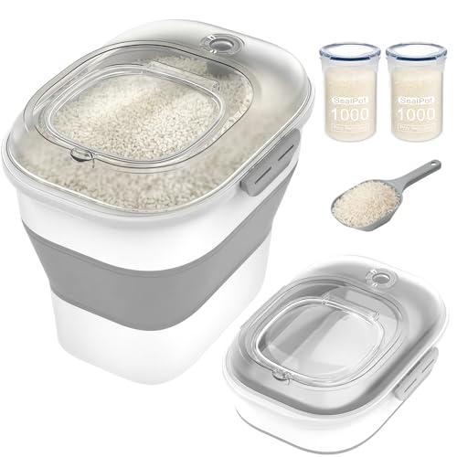 HOYTAMDAR 50Lbs Collapsible Rice Container,Airtight Food Storage container | Rice Storage Container with Clear Lid,Wheel,Date Tracker,2pcs Bins&Measuring Scoop,Rice Dispenser for Pet Food Rice Flour - color: Clear/50lbs