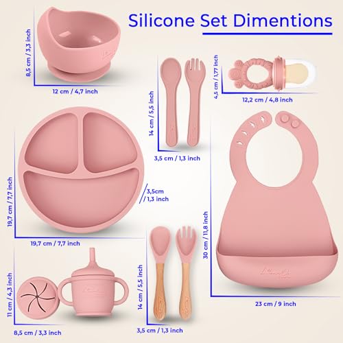 Silicone Baby Feeding Set, Suction Plates Bowls Bibs for Self Feeding –Pink | Baby Led Weaning Supplies, BPA-Free, Toddler Spoons Forks, Extra-Strong Suction, Empower Independence, Easy Clean - color: Pink
