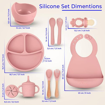 Silicone Baby Feeding Set, Suction Plates Bowls Bibs for Self Feeding –Pink | Baby Led Weaning Supplies, BPA-Free, Toddler Spoons Forks, Extra-Strong Suction, Empower Independence, Easy Clean - color: Pink