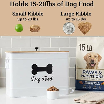 Metal Dog Food Container 15-20 lbs w/ Airtight Bamboo Lid, 70 Cup Capacity - color: White