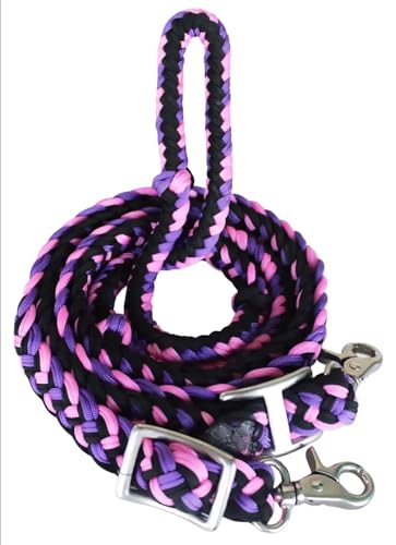 CHALLENGER Horse Western Nylon Braided 8 Ft. Knotted Roping Barrel Reins Purple Teal Orange 60737 - color: Purple / Pink / Black