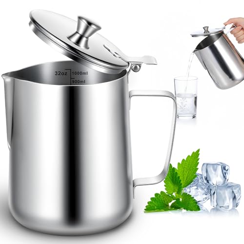 32 oz 304 Stainless Steel Pitcher with Lid, 1 L Large Metal Measuring Cup with Handle, Large Mouth Graduated Beakers, Milk Frothing Jug for Latte Art, Espresso Machines, Tea - size: 33.8 Ounces