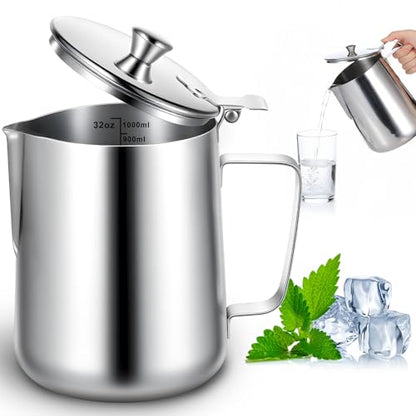 32 oz 304 Stainless Steel Pitcher with Lid, 1 L Large Metal Measuring Cup with Handle, Large Mouth Graduated Beakers, Milk Frothing Jug for Latte Art, Espresso Machines, Tea - size: 33.8 Ounces