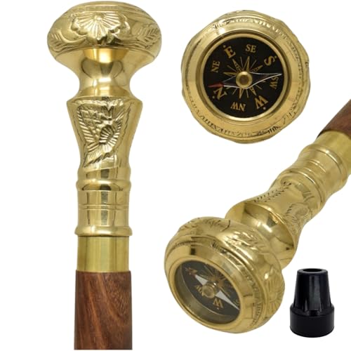 FYNJREX Travelers Compass Gentleman's Walking Stick, Fancy Cane for Women, Brass Handle and Hardwood Cane, Fold able Wooden Canes, Gift Idea