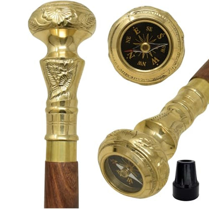 FYNJREX Travelers Compass Gentleman's Walking Stick, Fancy Cane for Women, Brass Handle and Hardwood Cane, Fold able Wooden Canes, Gift Idea