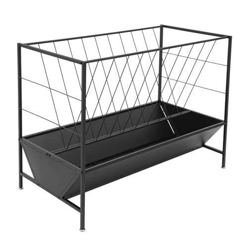 Pasture Hay Feeder - 50 Gallons, 2-in-1 Heavy Duty Hay Grain Livestock Feeder with 30 Gallon Feed Pan, Black Hay Grain Feeding Goats, Calves, Cow, Horse