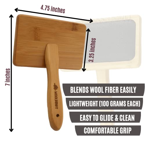 Woolbuddy Large Wool Carder Brush for Felting & Pets, 2PCS 4.75 x 3.25 Inch | Wool Carder Brush Set for Wool Blending, Needle Felting Tool with Stainless Steel Pins & Bamboo Handle, Reusable Cotton Bag