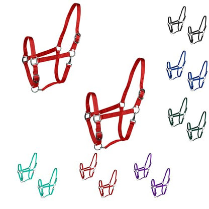 Majestic Ally Pack of 2 Adjustable Halter for Horses–Adjustable Chin and Crown– Sewn-in Throat Snap Hook- Heavy Duty Rose Gold or Black Nickel Finish Hardware–Full - color: Red