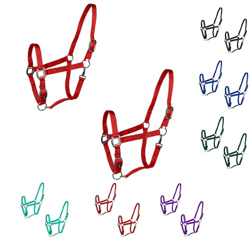 Majestic Ally Pack of 2 Adjustable Halter for Horses–Adjustable Chin and Crown– Sewn-in Throat Snap Hook- Heavy Duty Rose Gold or Black Nickel Finish Hardware–Full - color: Red