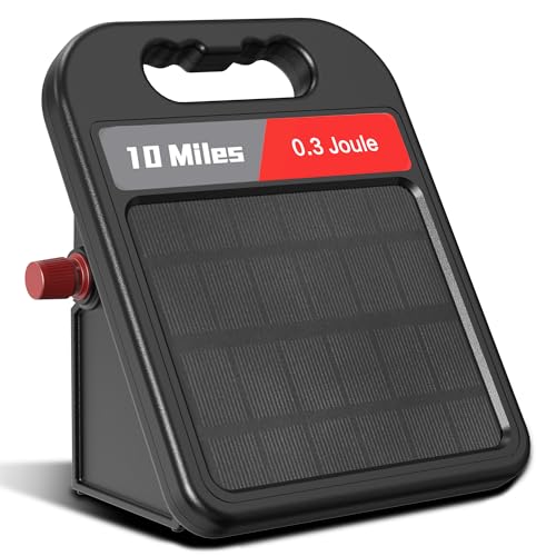 Solar Electric Fence Charger-0.3J-10 Miles, Maximum Output Voltage 10200V- Provide 24-Hour Uninterrupted Protection for Livestock and Yards with Rechargeable Solar Panel Black