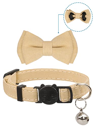 Collar for Cat Pet Breakaway with Bell Bowtie Detachable Bow Adjustable Safety Kitten Puppy Girl Boy 2pcs Beige Leopard & Pure - color: Leopard & Pure-Beige