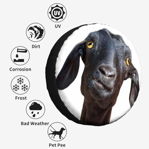 Black Goat Spare Tire Cover Cute Funny Goat Portrait with Humorous Face and Yellow Eyes Polyester Universal Wheel Tire Cover for Trailer Camping Weatherproof for Rv SUV Truck Camper Travel 15 inch - size: 15 inch