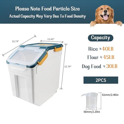 2 Pack 50 lb Airtight Flour Storage Containers with Wheels, Blue | Large Rice Bin, Seal Locking Lid, BPA-Free, Includes Measuring Cup & Scoop, Kitchen Organization - color: Blue