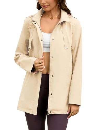 Womens Long Hooded Rain Jacket Waterproof Outdoor Hiking Raincoat Windbreaker Lightweight Trench Coat - color: Beige, size: Small