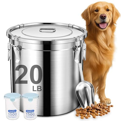 Newget 20lb Airtight Stainless Steel Dog Food Storage Container with Scoop - size: 20 lb