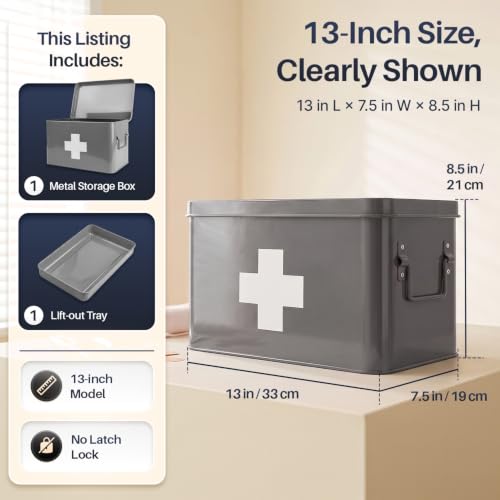 Flexzion Large Metal First Aid Box Empty, 13-Inch, Gray with White Cross - color: Gray, size: 13 Inch without Latch Lock