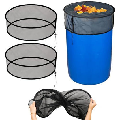 Pop Up Mesh Cover for Rain Barrels with Drawstring, 2 Pack Water Rain Barrel Netting Screen Water Collection Buckets Tank Protector Cover Net to Keep Leaves and Debris Out, 24.8 Inch