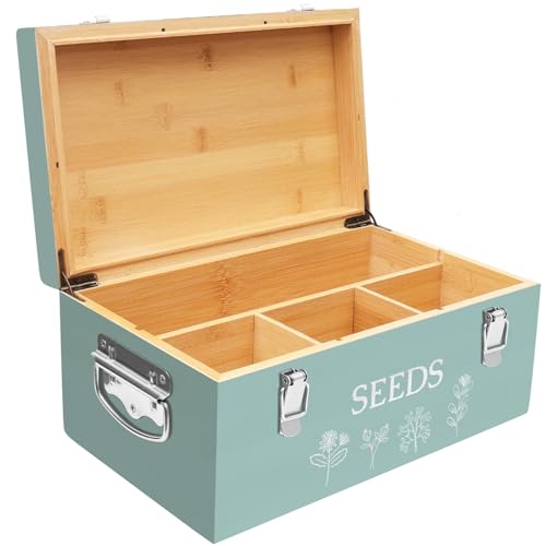 Large Bamboo Wood Seed Storage Organizer Box with Lid, Double-Layer Seal Design Seed Saving Box with 304 Stainless Steel Safety Lock, Handles, Extra Seed Envelopes and Labels, Great Gifts for Gardener - color: 2.Green(Large)