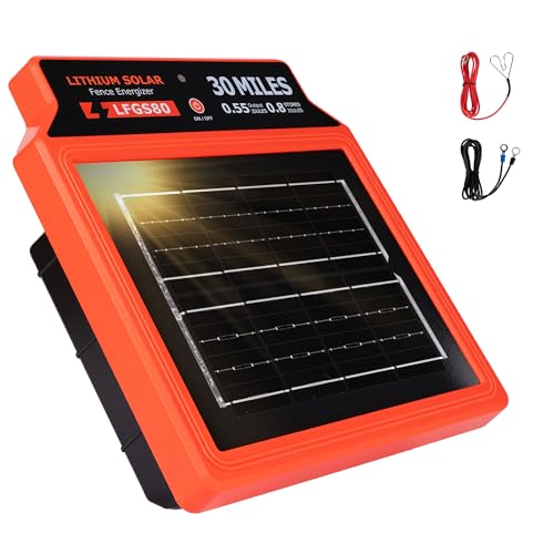 LFGS80 Solar Electric Fence Charger, 50 Miles, 0.8J Portable Solar Powered Charger 24-Hour Uninterrupted Protection, Day or Night Mode for Livestock, Cattle Sheep, Pigs, Horses - size: LFGS80