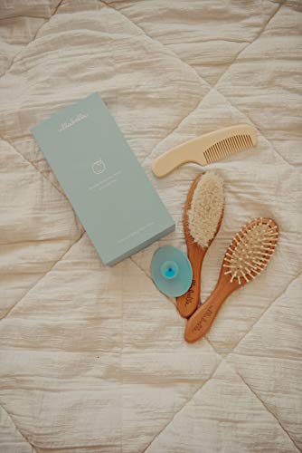 Ullabelle 4 Piece Wooden Baby Hair Brush and Comb Set for Newborns & Toddlers in Chic Gift Box - Ultra Soft Natural Goat Hair and Wood Baby Brush Set Prevents Cradle Cap - Perfect Registry Gift (Blue) - color: Blue