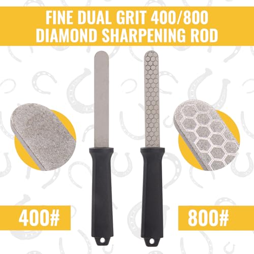 Hoof Knife with Sharpener, 2 PCS Professional Farrier Kit, Curved Stainless Steel Trimming Knife & 400/800 Grit Diamond Rod, Ergonomic Wood Handle, Rust-Resistant for Horses, Cattle