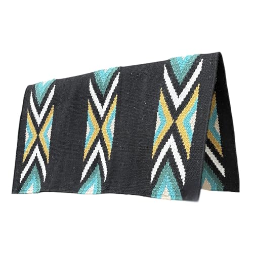 Majestic Ally Western Saddle Blanket, Canyon Diamond Design, New Zealand Wool, Handwoven Horse Tack, 36x34 Inches - color: Black Turquoise