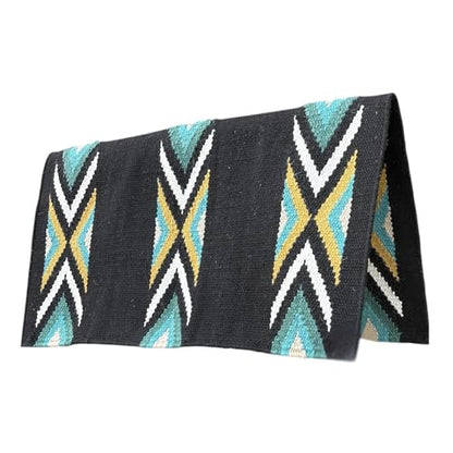 Majestic Ally Western Saddle Blanket, Canyon Diamond Design, New Zealand Wool, Handwoven Horse Tack, 36x34 Inches - color: Black Turquoise