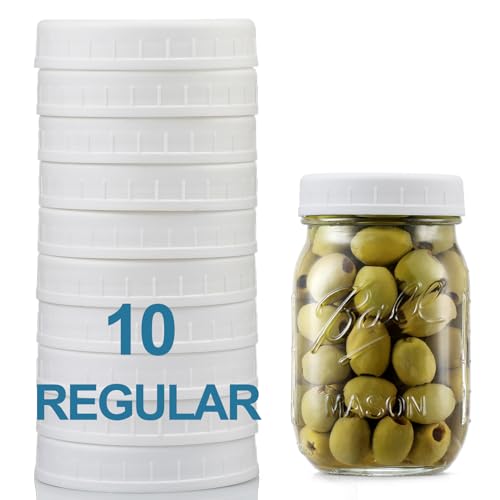 AOZITA 10 Pack REGULAR Mouth Mason Jar Lids for Ball, Kerr and More - White Plastic Storage Caps for Mason/Canning Jars - Leak-Proof, Dishwasher Safe & Food Grade - size: 10 Regular Mouth